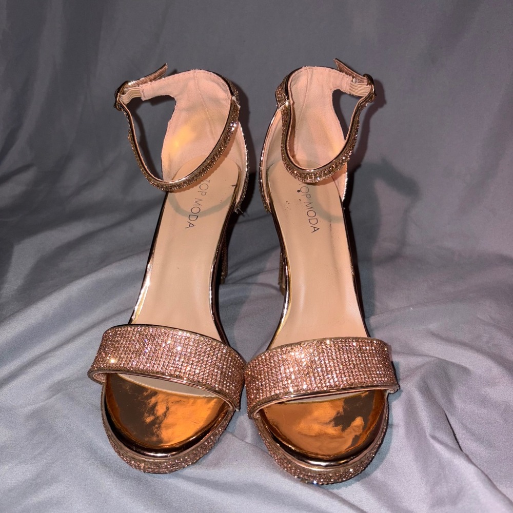 Top Moda Rose Gold Rhinestone Heels Size 6.5 Glitter Ankle‎ Strap Party Shoes
